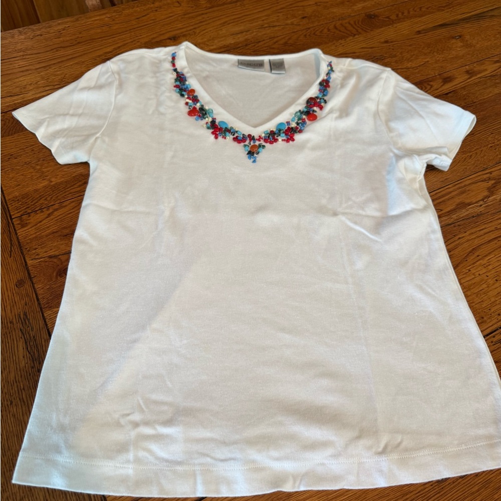 Beaded( multicolored Chicos White V-Neck Top